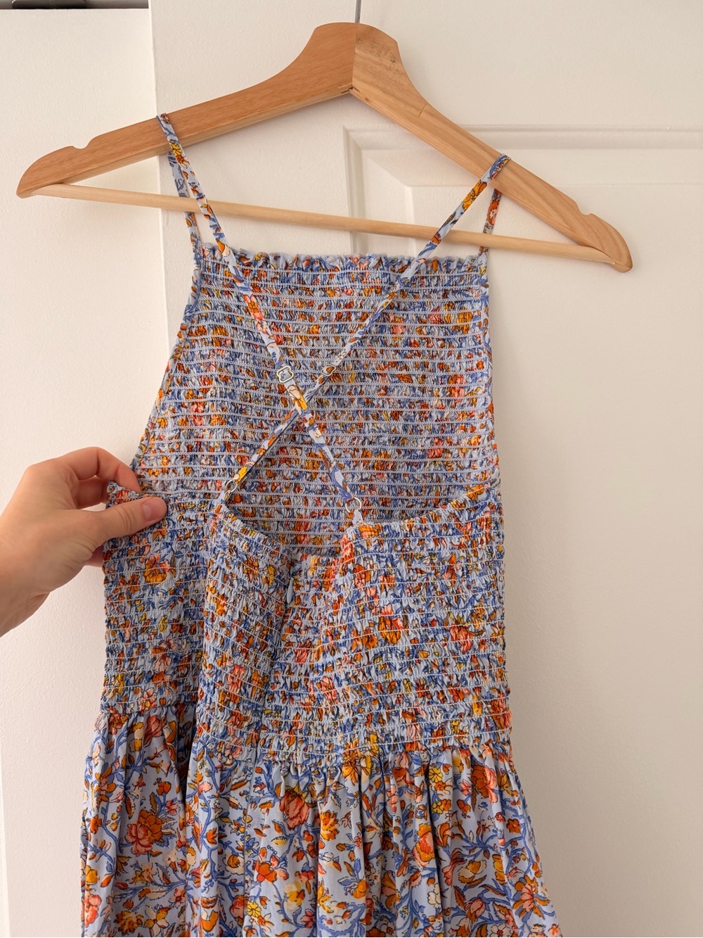 J. Crew Floral Smocked Midi Dress in Light Blue and Orange - Picture 4 of 8